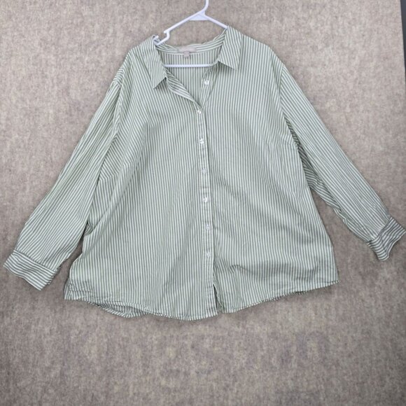 Woman Within Womens Button Down Shirt Green & White Striped Size 3X 100% Cotton - Picture 1 of 6